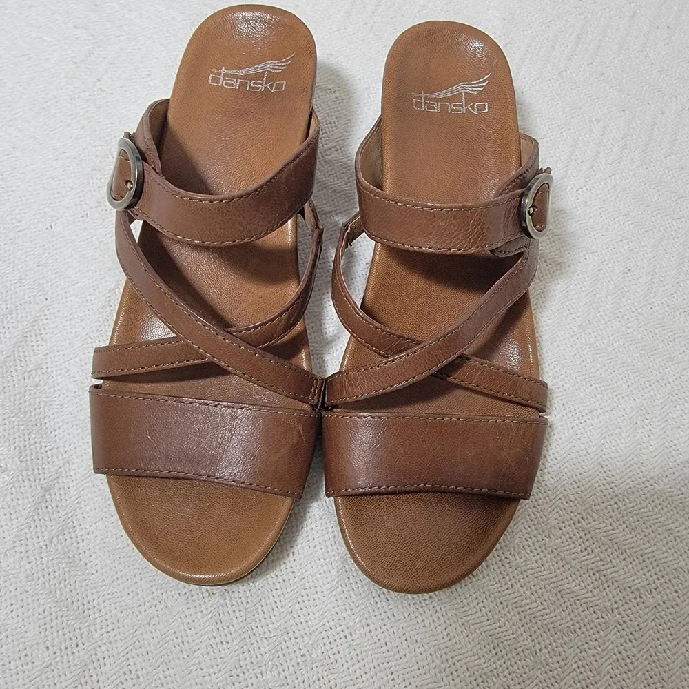 Dansko Ana Wedge Slide Buckle Sandals Tan Glazed Kid Leather Size EU 37 US 6.5-7